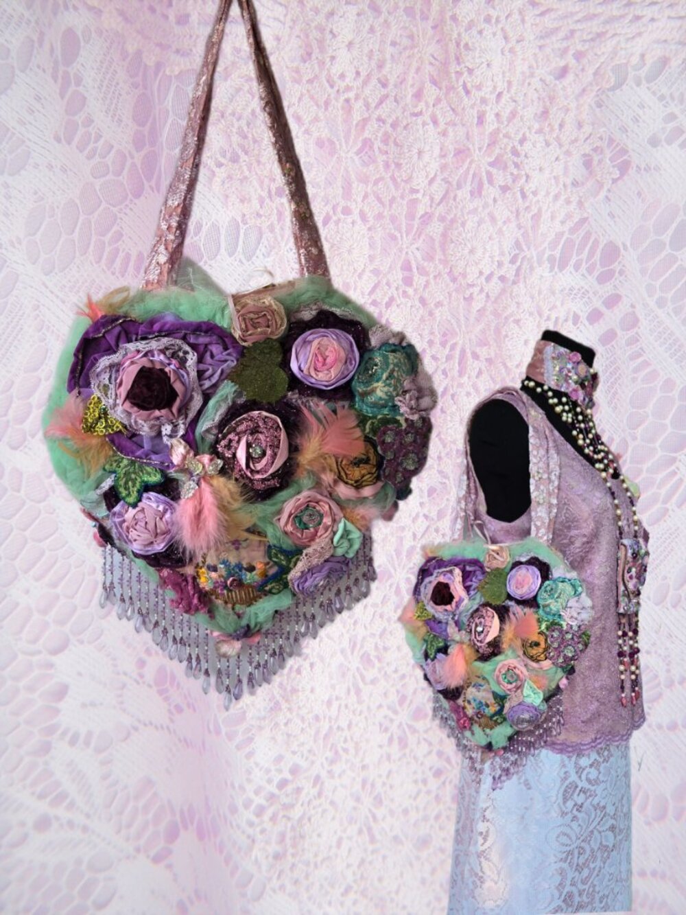 Handmade Heart Shape Shoulder Purse Embroidered Roses Beaded Fringe Coquette